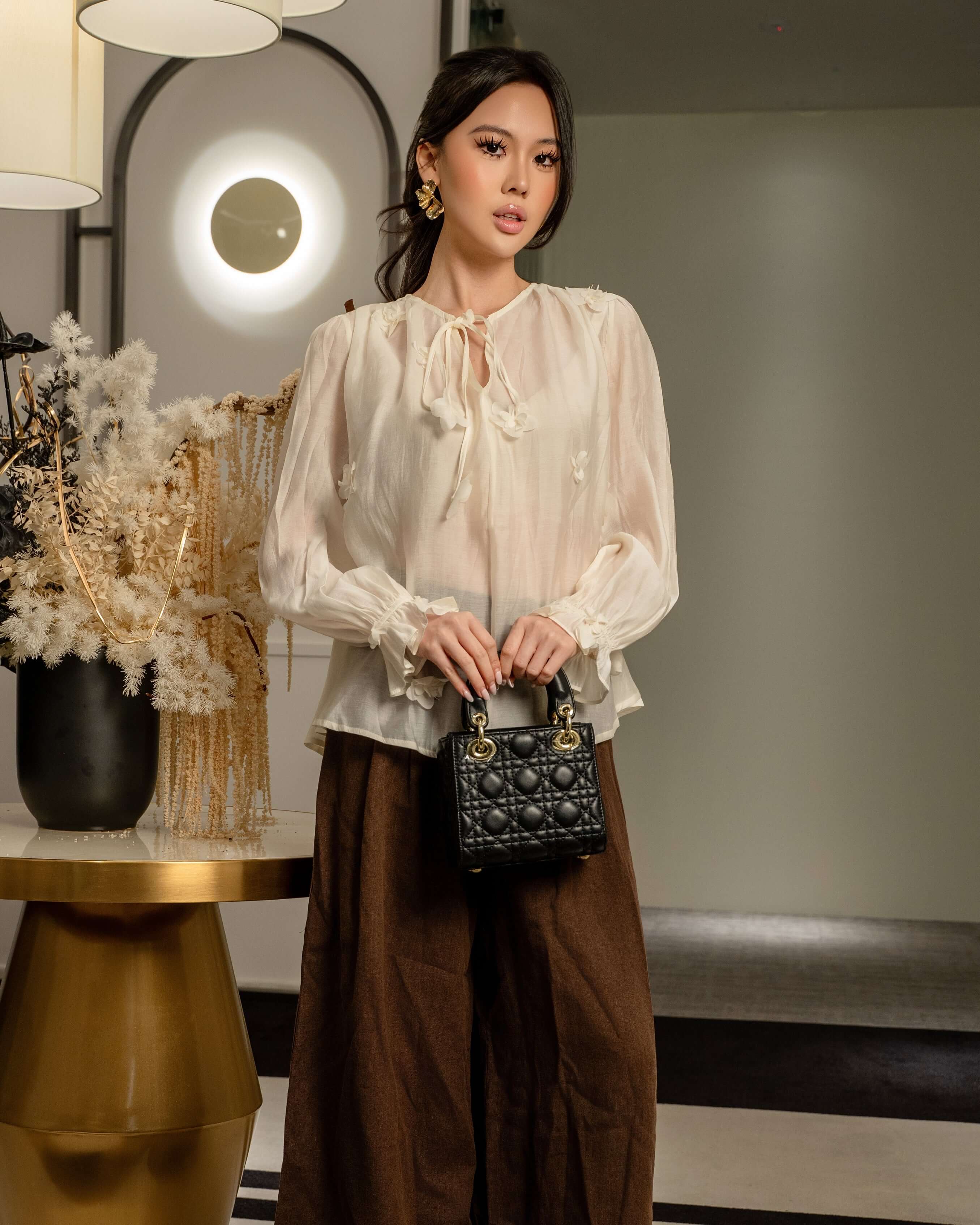 Sheer Floral Tie-Neck Top MC2146