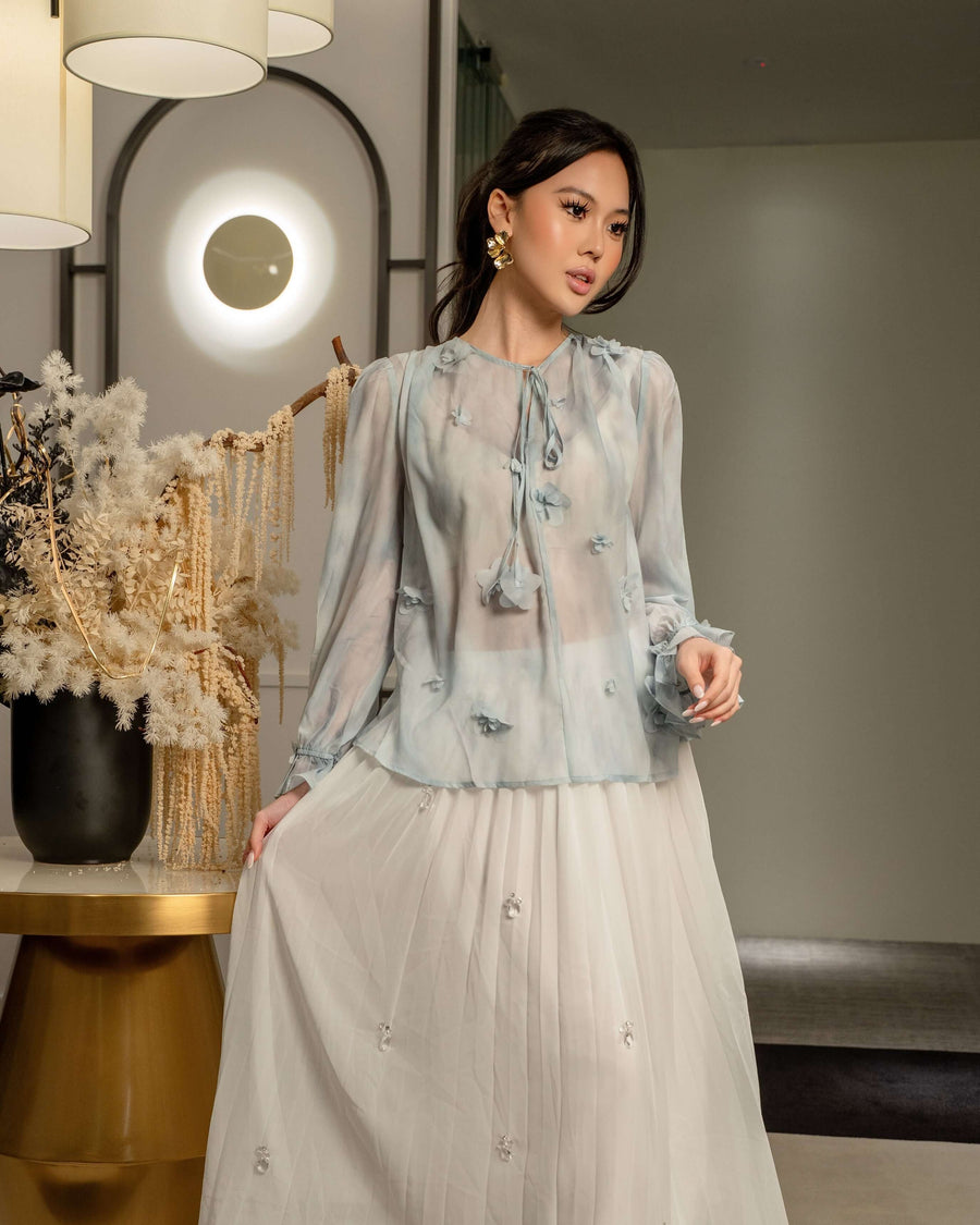 Sheer Floral Tie-Neck Top MC2146